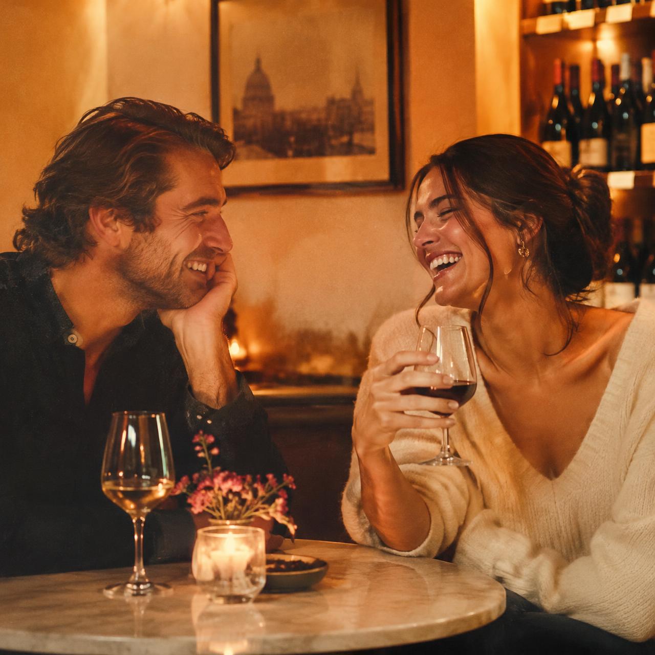 Two people laughing together over drinks in a candlelit London bar